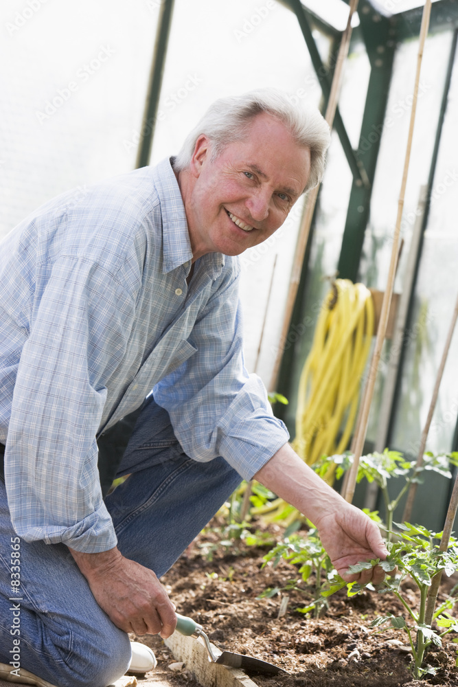 Fototapeta premium Man in greenhouse holding shovel smiling