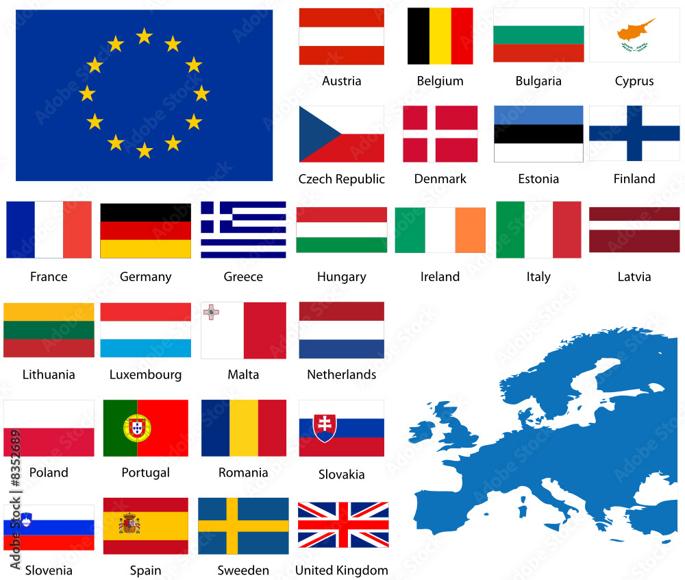 Detailed flags and map of European nations