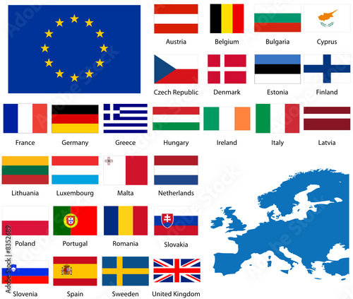 Detailed flags and map of European nations