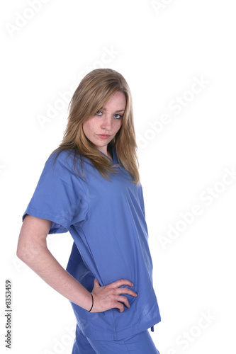 pretty woman in blue scrubs