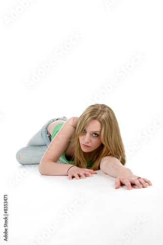 woman crawling on floor toward camera