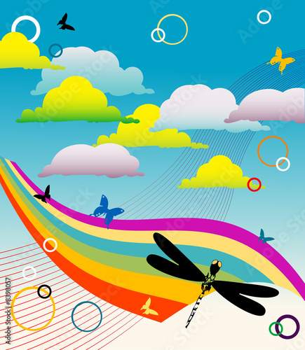 Abstract background with rainbow, dragonfly and butterflies © Oxlock