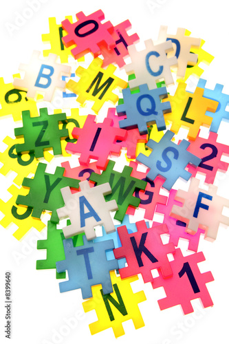 Alphabet letters and numbers over white