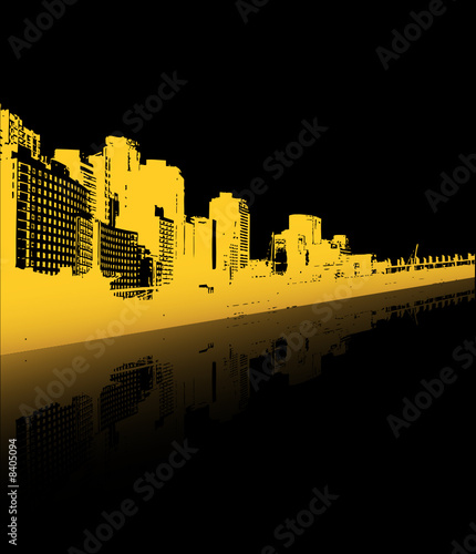 City reflected in the water. Vector