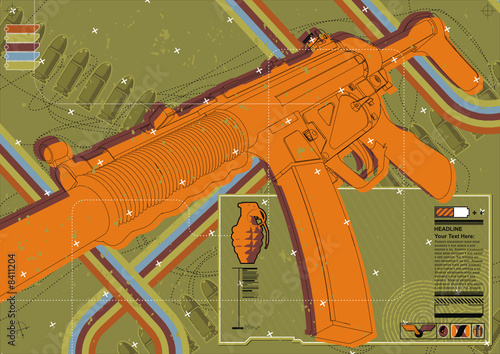 Deconstructed grungy layout featuring MP5 machine gun.