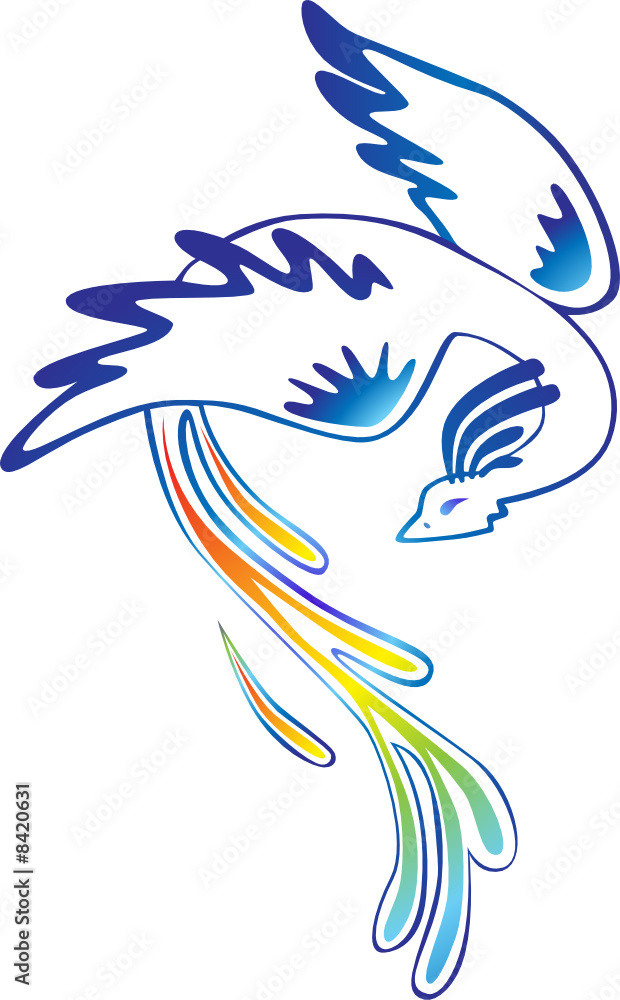 Bird with tail of rainbow. Vector illustration.