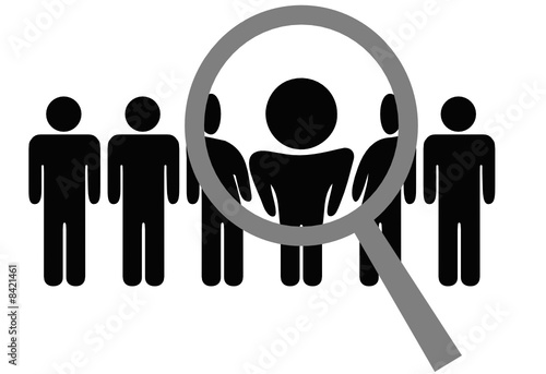 Magnifying Glass Chooses Inspects Man in Row of People