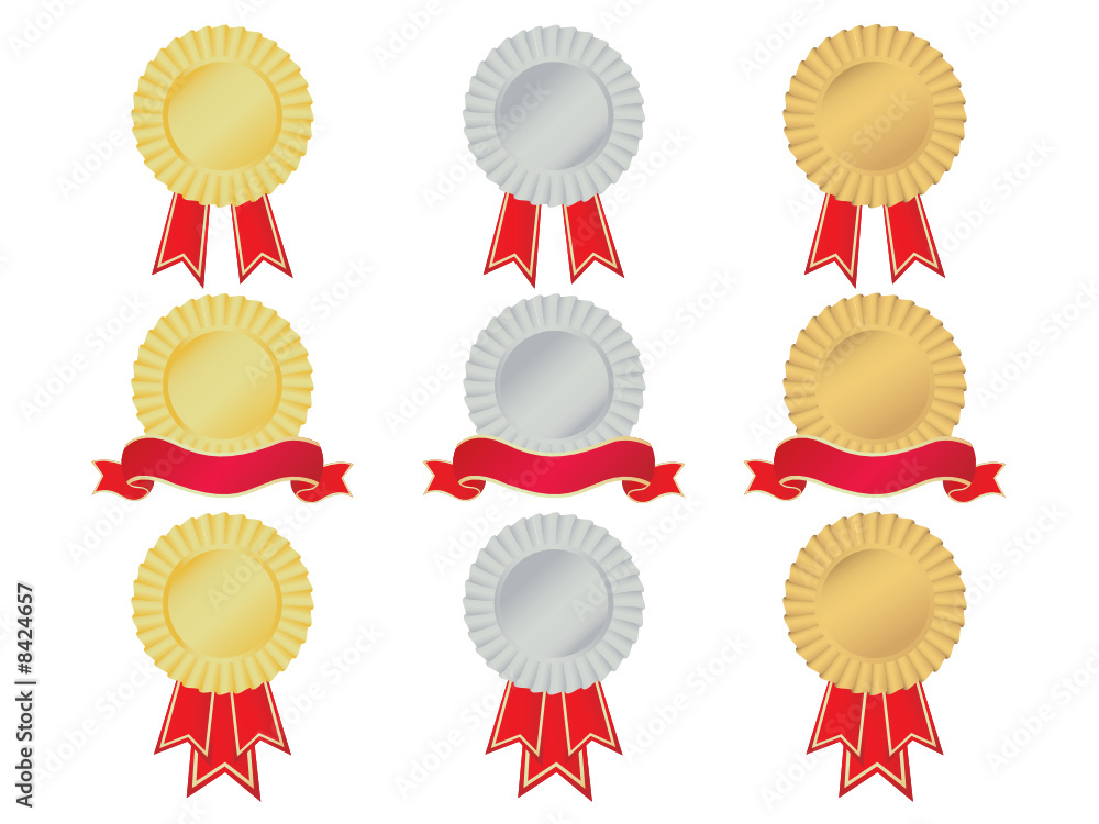 Gold silver and bronze rosettes and banners Gold silver and bronze rosettes and banners