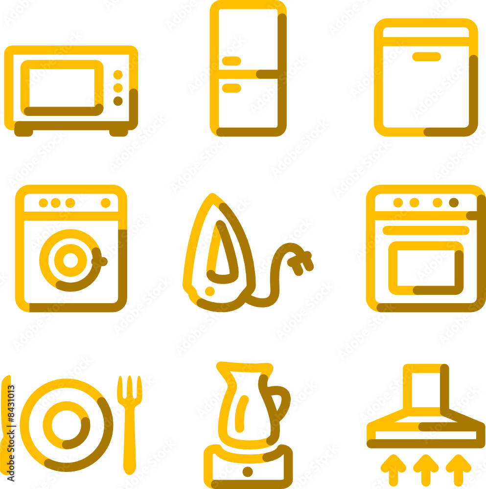 Home appliances icons, gold contour series Home appliances icons, gold contour series