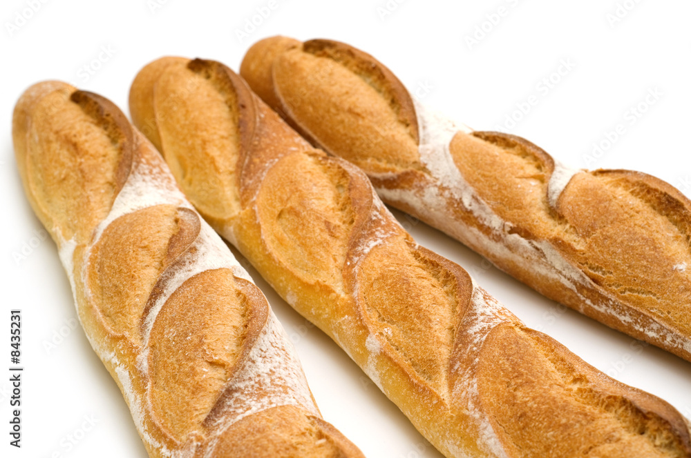 three baguette on white background