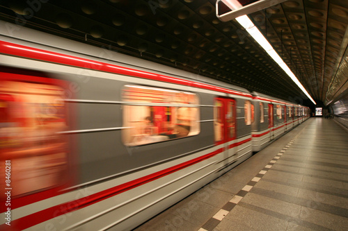 European Prague metro transit vehicle in motion