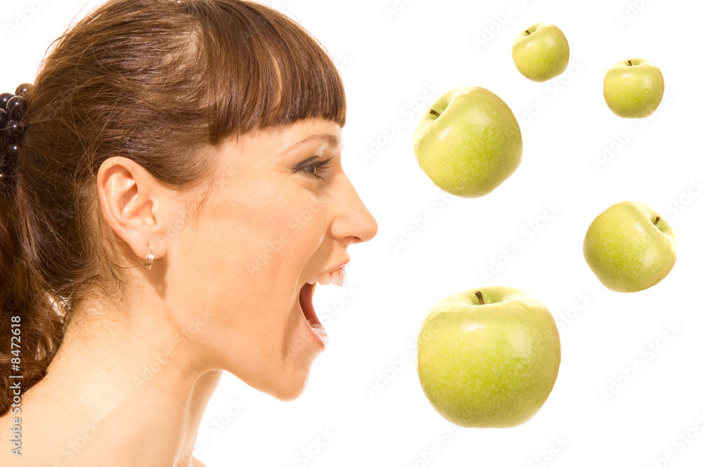 woman with flying apples woman with flying apples