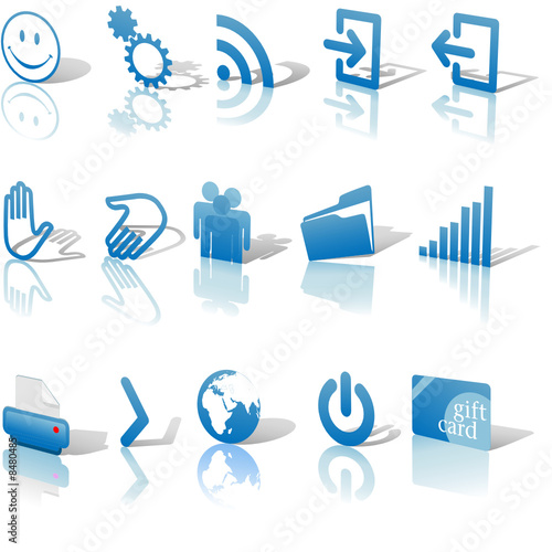 Web Blue Icons Shadows & Relections Angled on White Set 2