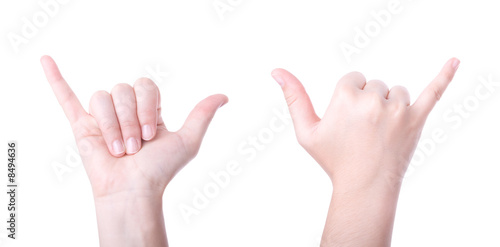 Shaka hand sign isolated on white background photo