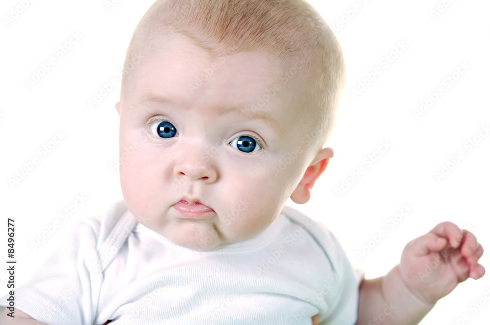 Up Close of cute baby face on white background