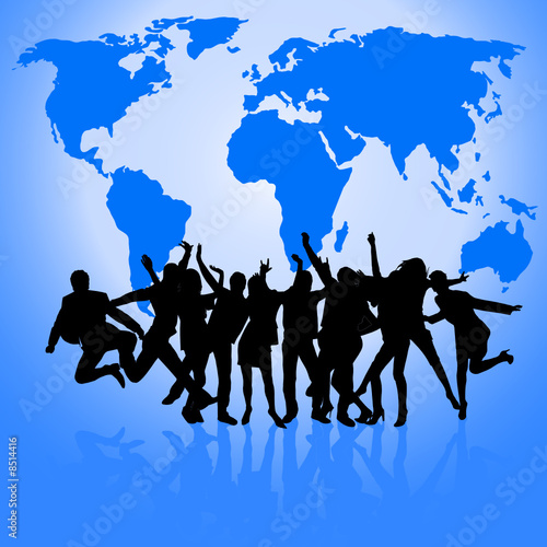 happy people dancing on world map vector silhouette