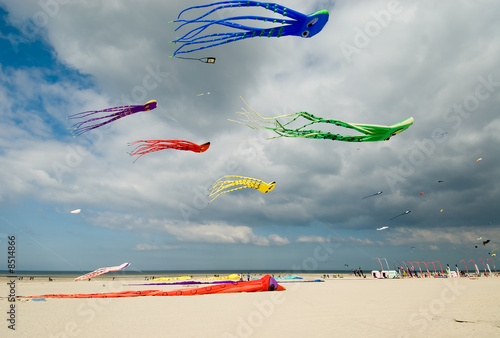 kites in the sky at beach photo