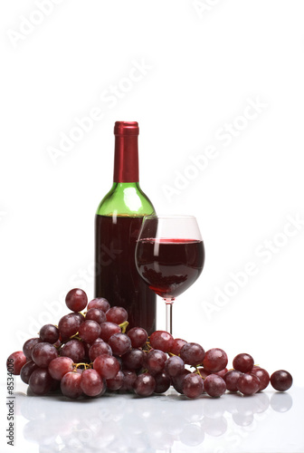 Bottle and glass of  wine  on white background