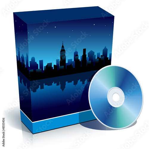 Box with modern city at night and CD