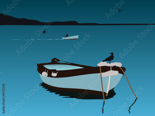 fishing boat, night scene. vector illustration
