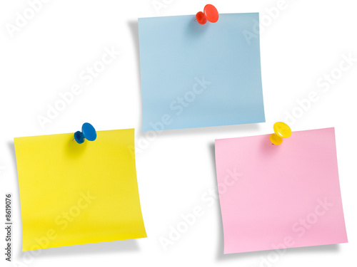 Three notes with thumbtack isolated, clipping path.