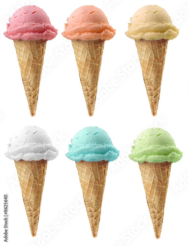 Six ice cream cone of 6 different flavors