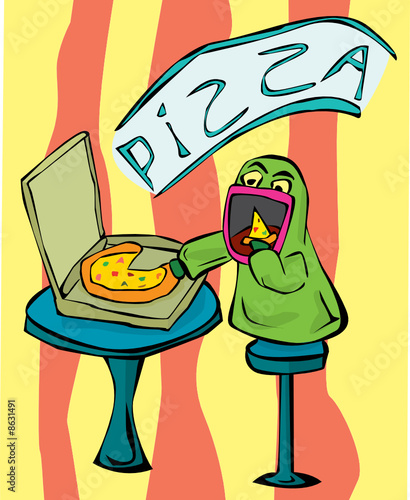 Green monster eating pizza in a cafe