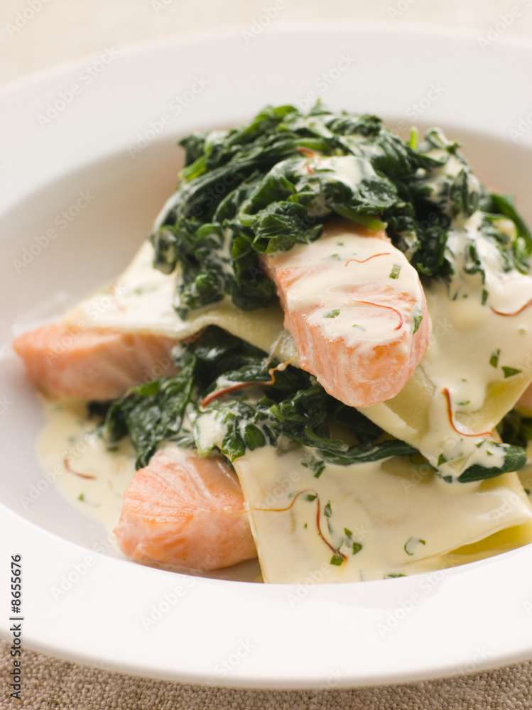 Lasagne of Salmon and Spinach with a Saffron Cream Lasagne of Salmon and Spinach with a Saffron Cream
