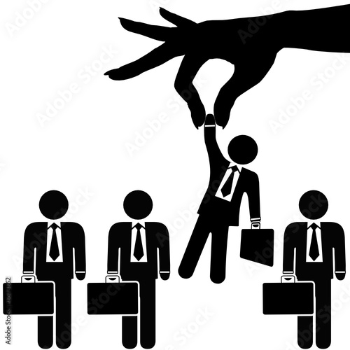 Woman Hand Picks Symbol Business Man from Row of Businessmen