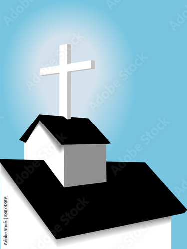 Scene of Roof Steeple & Cross on Country Church on Blue Sky