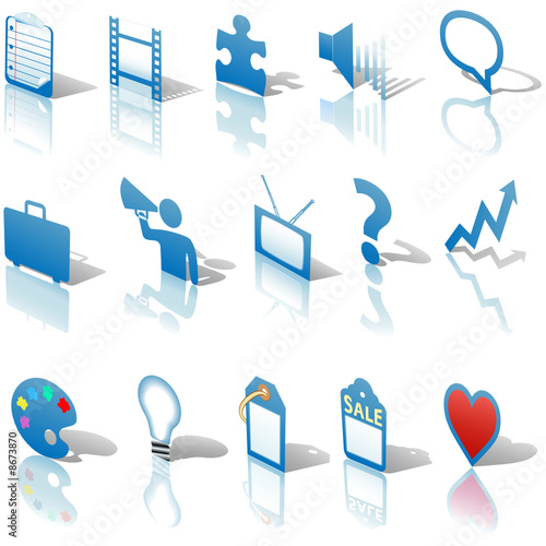 Communications Media Business Icons Reflections Set Blue