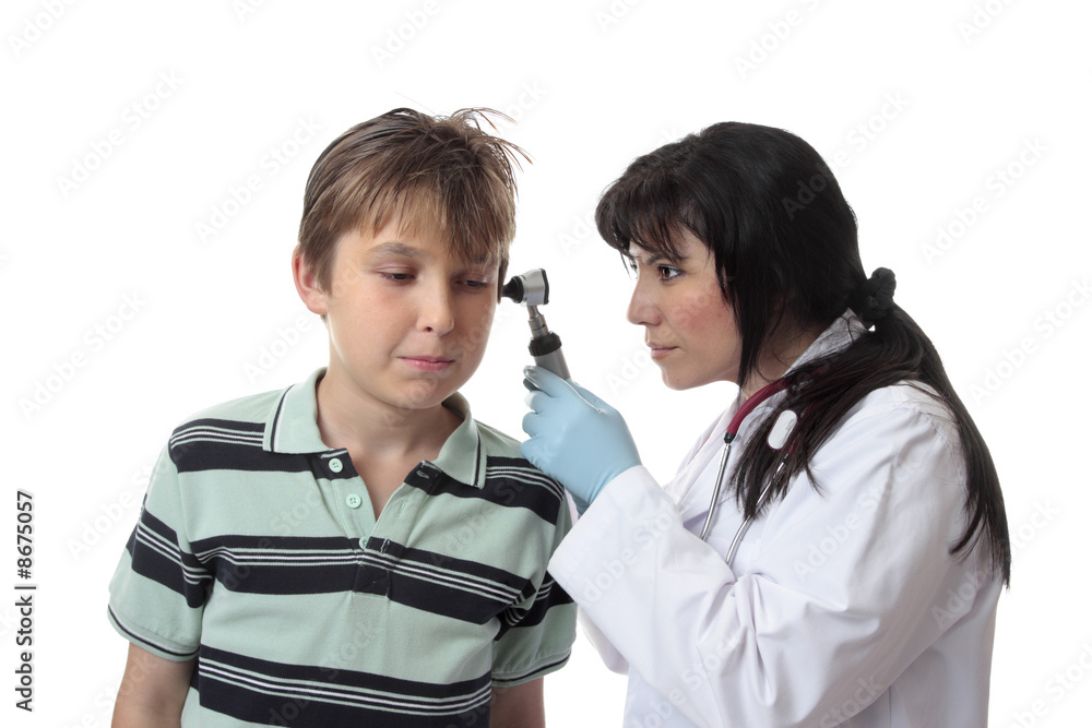 Ear infection - doctor looking into ears of child Ear infection - doctor looking into ears of child
