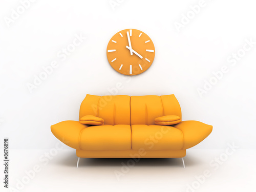 Orange sofa and clock in modern interior