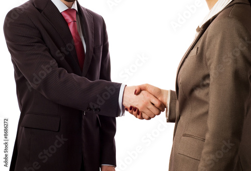 Businesspeople shaking hands, deal approved (isolated on white)