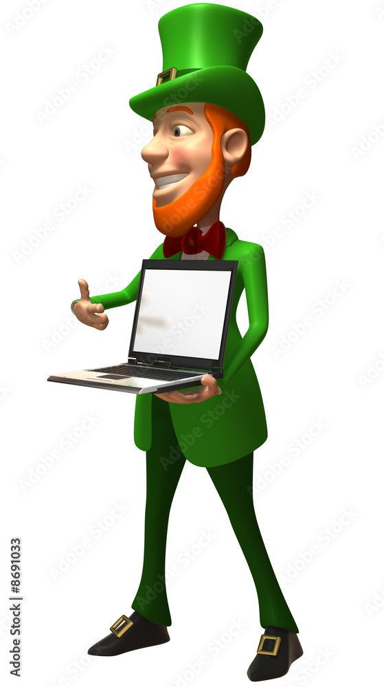 Lutin irlandais avec un ordinateur portable