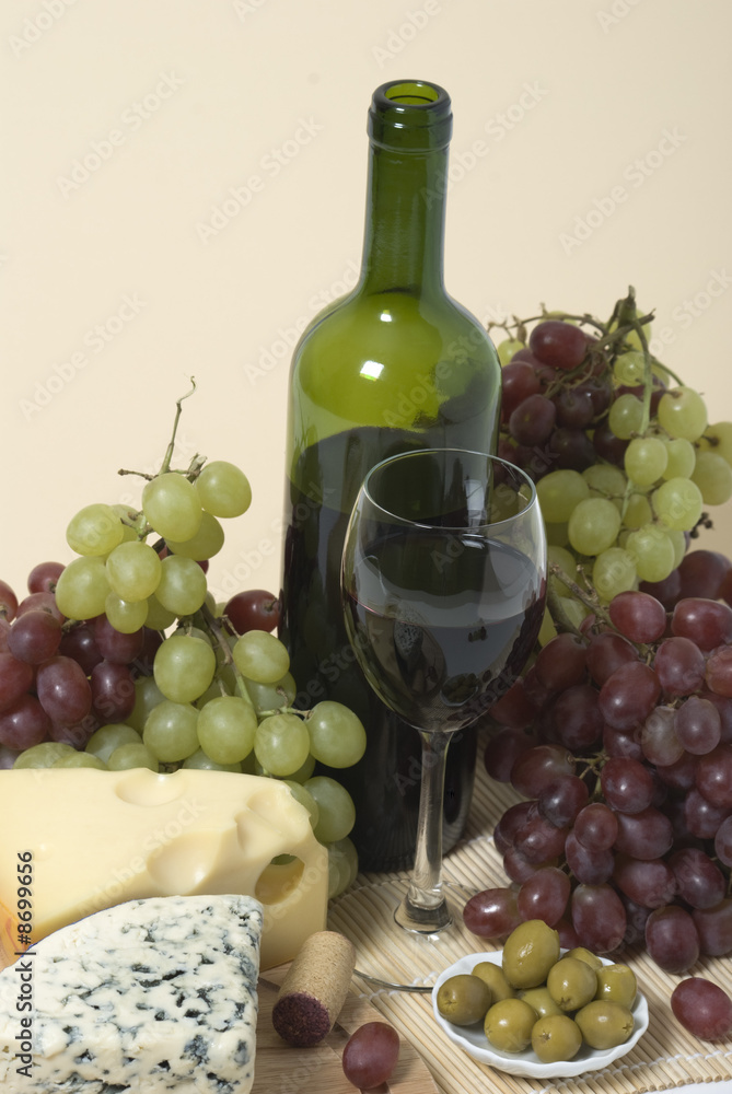 Wine, grape and cheese