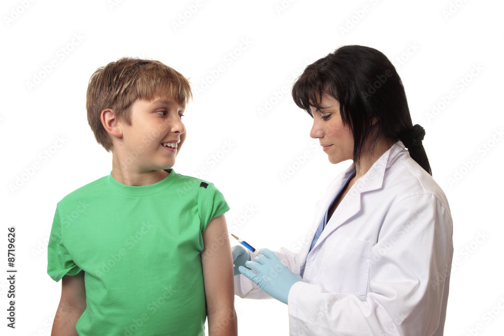 Happy boy getting immunization shot or injection Happy boy getting immunization shot or injection