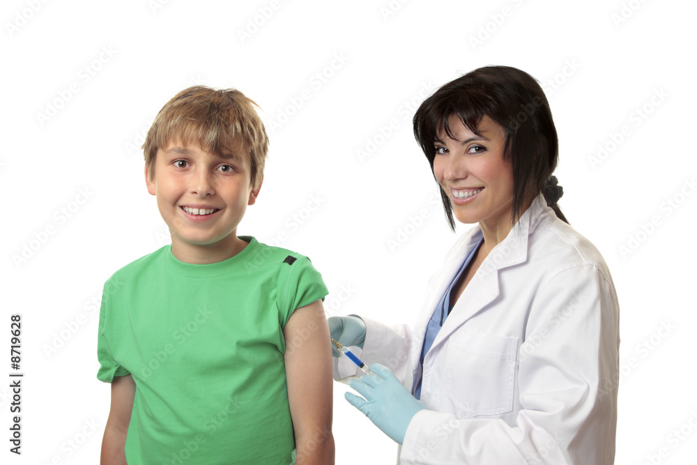Brave boy receives a vaccination or medicine shot Brave boy receives a vaccination or medicine shot