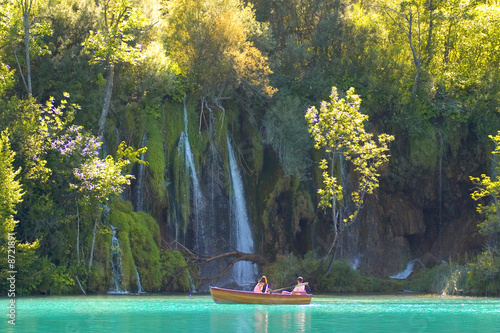 Close look at the waterfalls from a boat, lake Kozjak, Plitvice