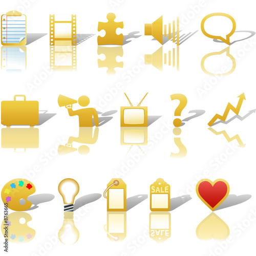 Communications Business Icons Reflections Shadows Set Gold