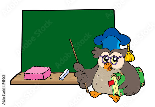 Owl teacher with book and blackboard