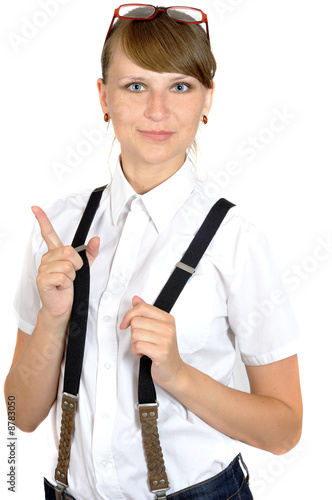 young working woman with forefinger up