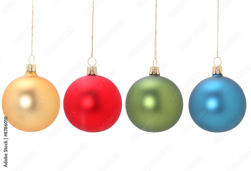 Four christmas balls hanging from golden thread Four christmas balls hanging from golden thread