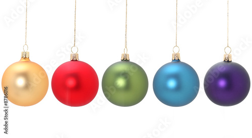 Five colored christmas balls hanging from golden thread