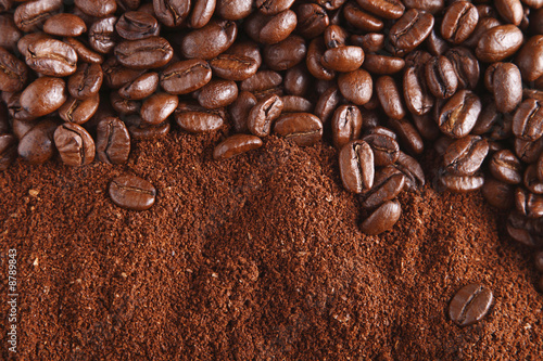 coffee beans and ground, perfect for background, warm light photo