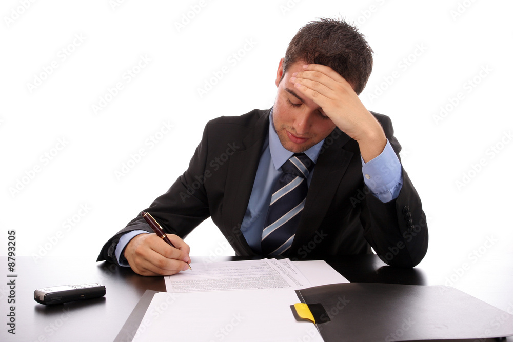 Young happy businessman, working at the desk, isolated Young happy businessman, working at the desk, isolated