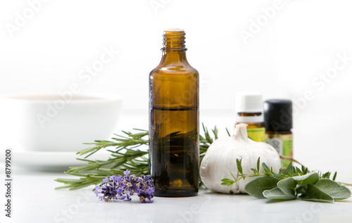 Herbs, tee and medicine on a table.