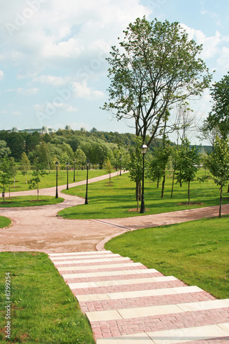 Fototapeta Naklejka Na Ścianę i Meble -  Beautiful well-groomed park with paths and a lawn