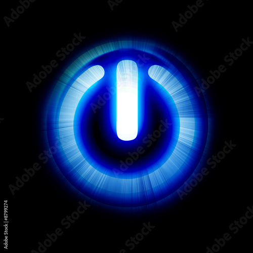 Blue glowing power button on a black background