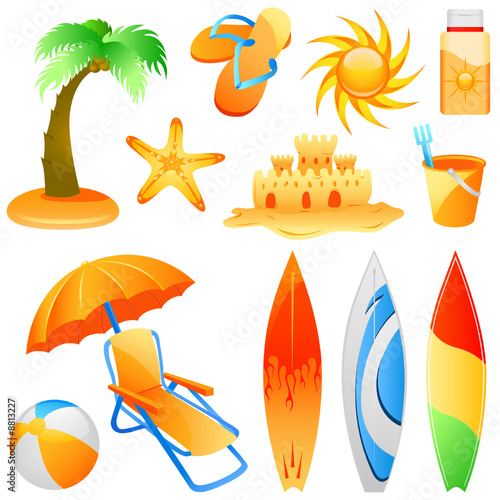 set of beach objects vector